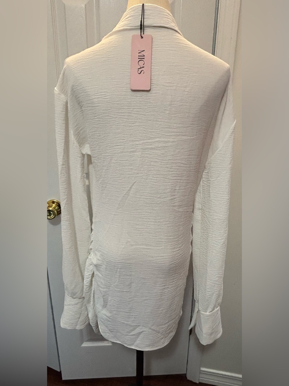 Women's White Draped Mini Shirt Dress with Surplice Neckline - Picture 3 of 9